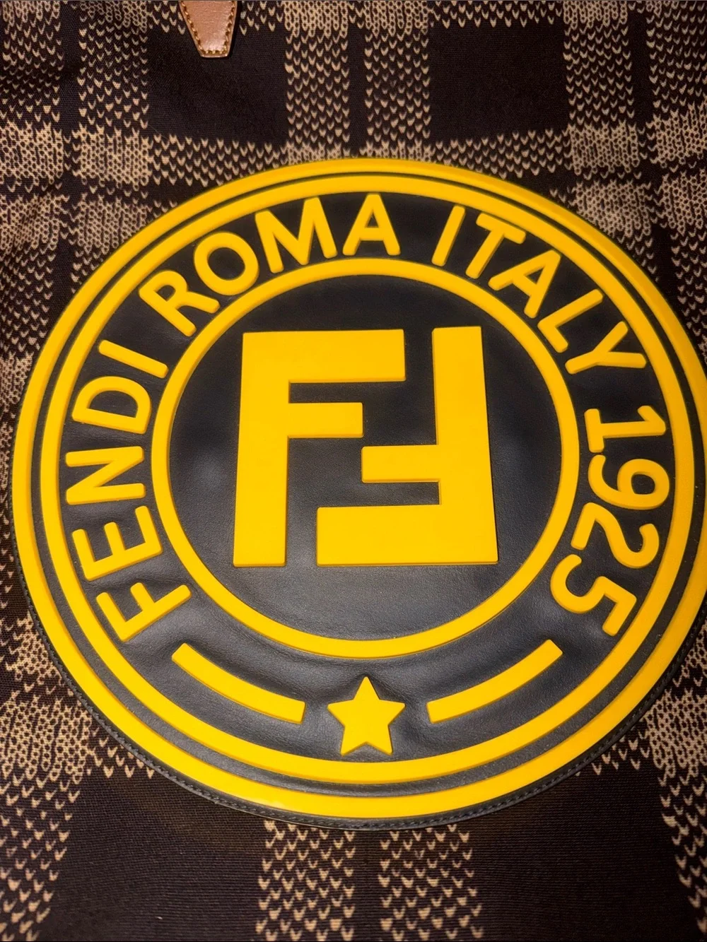 Preloved Fendi Plaid luggage/tote with Yellow Logo and Tan Straps